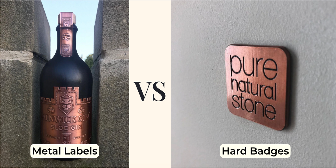 Side-by-side comparison of metal labels and metal badges on product samples