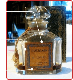 Worn paper label on a vintage perfume bottle