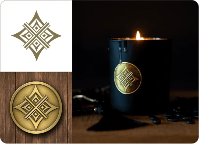Geprägtes Metalletikett auf einer schwarzen Kerze