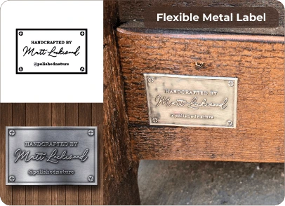 Beispiel eines Metalletiketts auf handwerklich verarbeitetem Holz