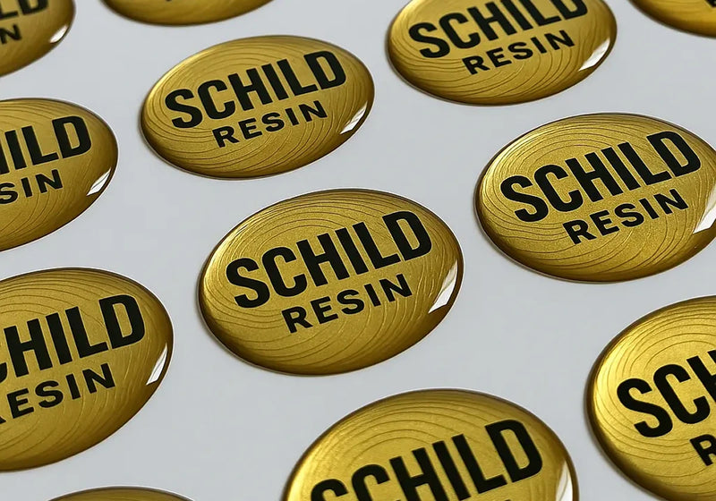 Metallic gold resin doming labels