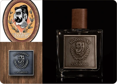 Moonshine Vagabond pewter metal label on a perfume bottle