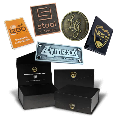 Musterpaket: Premium-Etiketten, Abzeichen, Holz & Doming