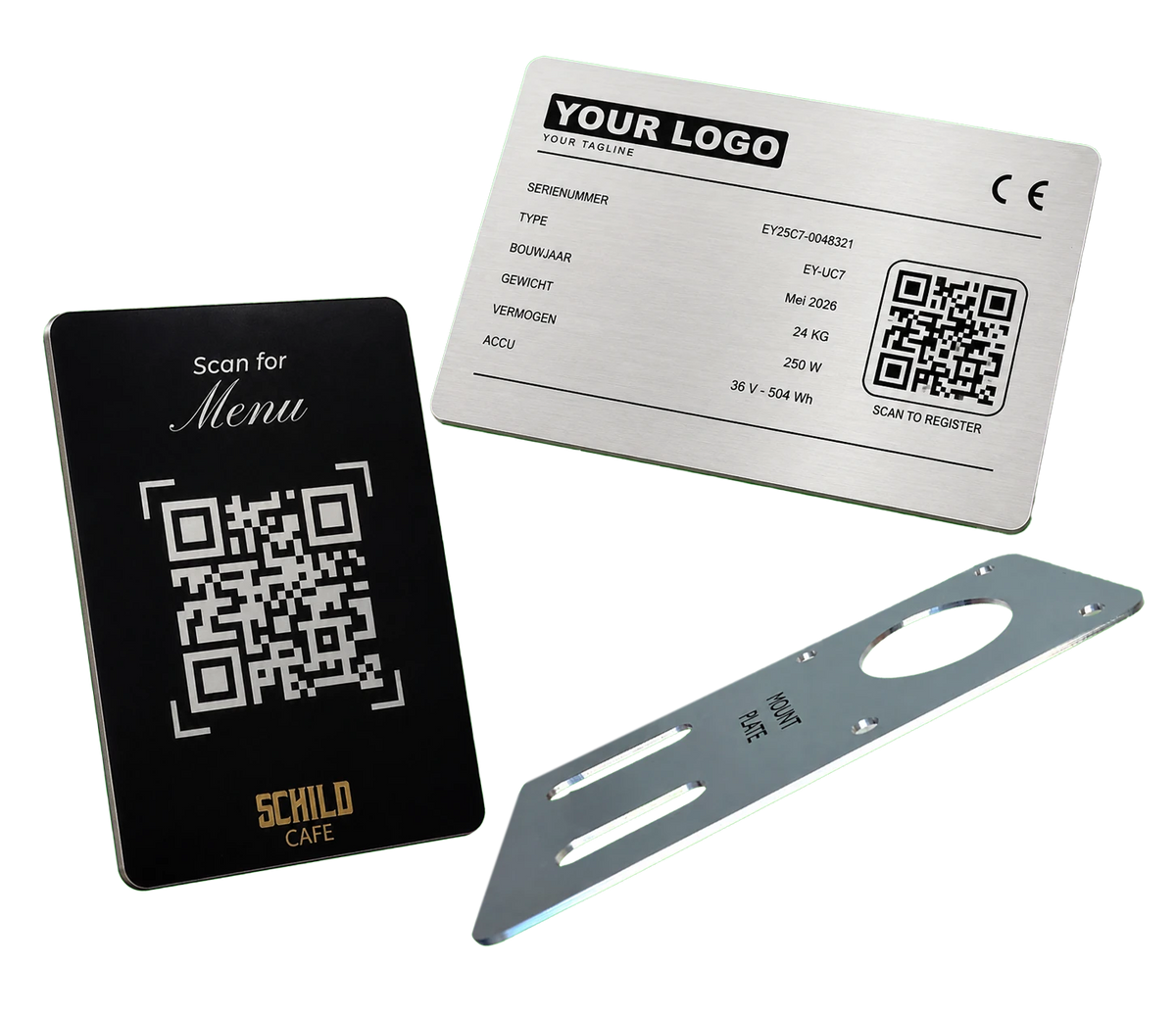 Skreddersydde eiendelsmerker i aluminium med QR-koder, strekkoder og serienumre