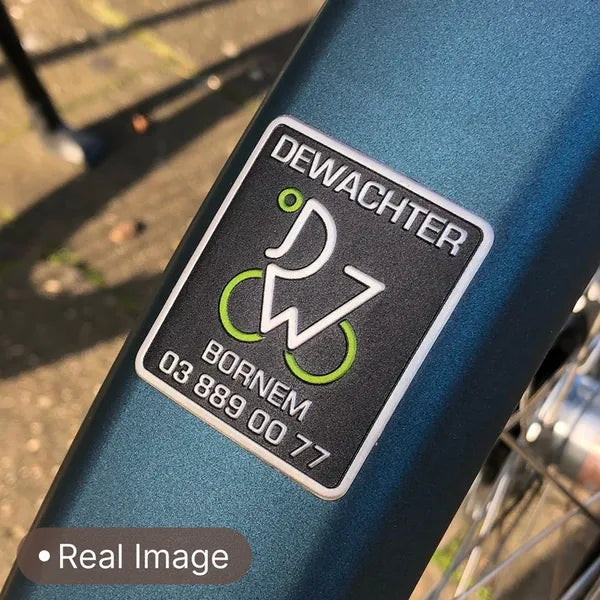 38 x 45 mm metal label on a bicycle frame