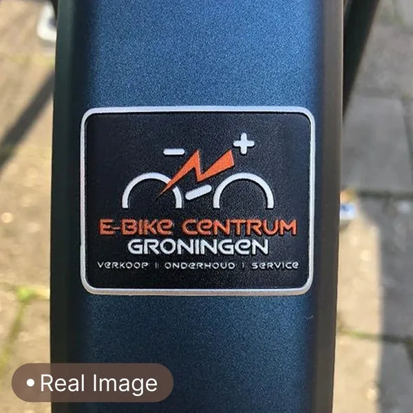 45 x 39 mm metal label on a bicycle frame