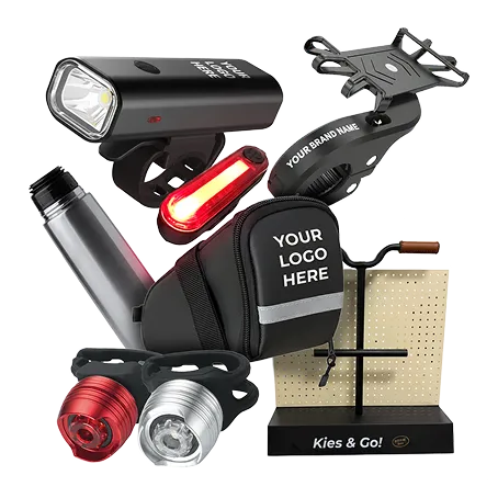 Accessori bici con logo: luci, borsa sottosella, porta smartphone, borraccia ed espositore