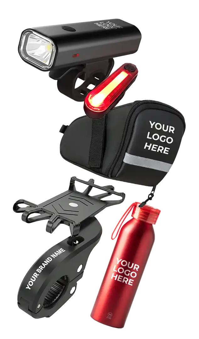 Luci per bici, borsa sottosella, porta smartphone e borraccia con logo